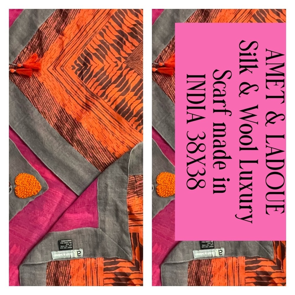 AMET & LADOUE LUXURY 100% SILK with WOOL Trim Pink Orange and Gray 38X38